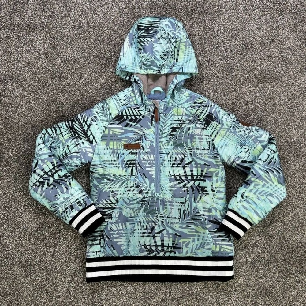 Obermeyer Blue Perl Down Anorak Insulator Hooded Jacket Tropical Leaf Medium
